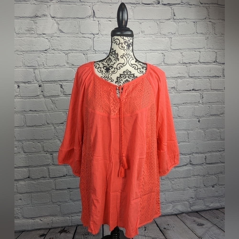 Catherines women's 3/4 sleeves tie front size 2x popover semi sheer tunic bb20